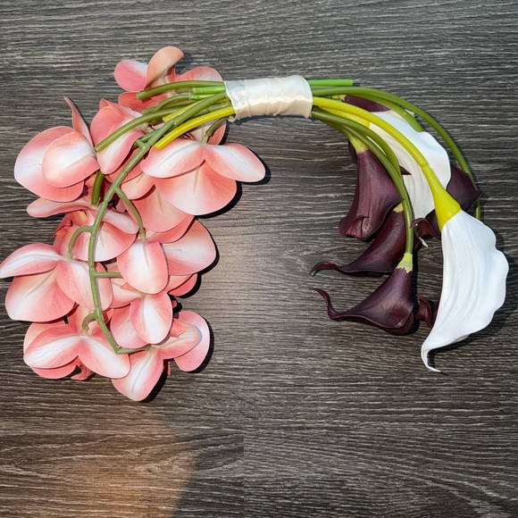 Curved Bridal Bouquet Pink Orchid and Purple Calla Lilies - Picture 6 of 10